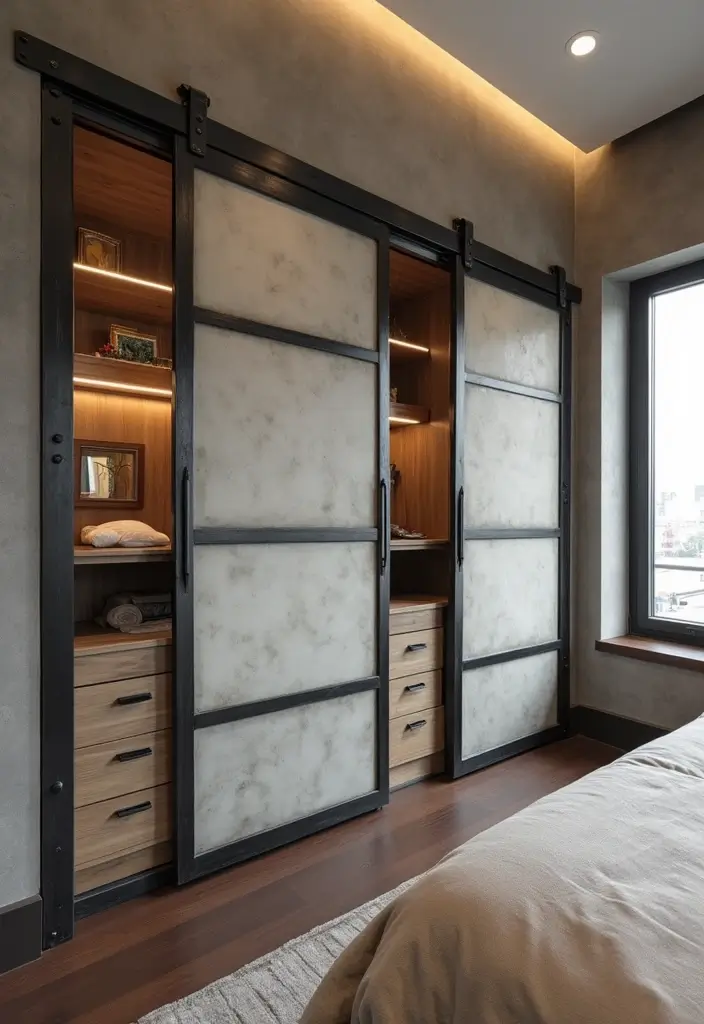 25 Bedroom Closet Door Ideas That Combine Function and Flair 10. Industrial Chic Doors for a Trendy Look