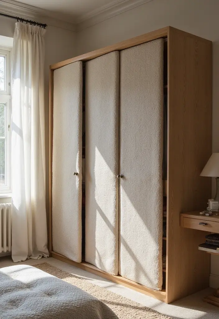 25 Bedroom Closet Door Ideas That Combine Function and Flair 11. Fabric covered Doors for Soft Textures