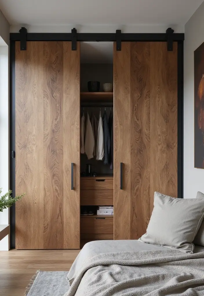 25 Bedroom Closet Door Ideas That Combine Function and Flair 14. Layered Textures with Wood and Metal