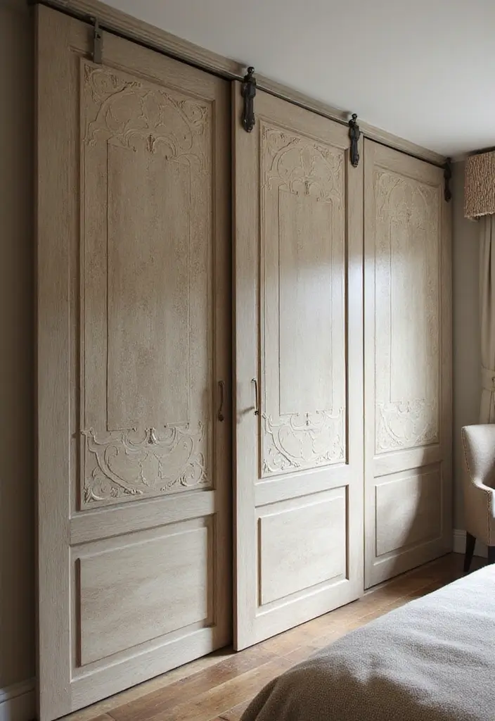 25 Bedroom Closet Door Ideas That Combine Function and Flair 15. Decorative Panels for Unique Flair