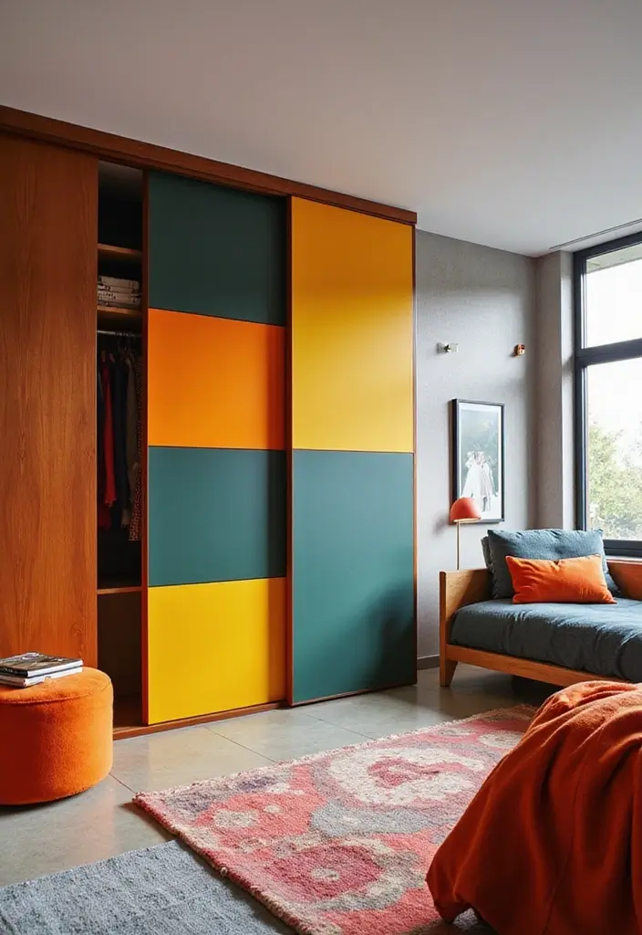 25 Bedroom Closet Door Ideas That Combine Function and Flair 17. Color Blocked Sliding Doors for a Bold Statement