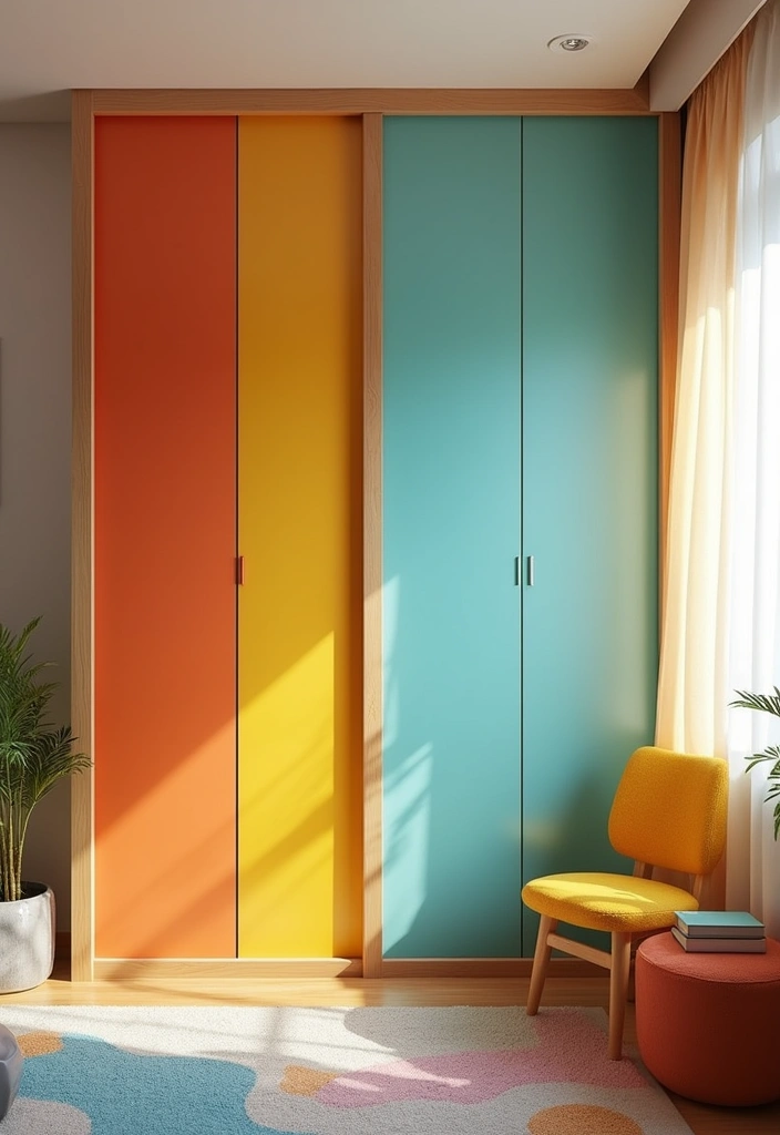 25 Bedroom Closet Door Ideas That Combine Function and Flair 3. Colorful Sliding Doors for a Bright Statement