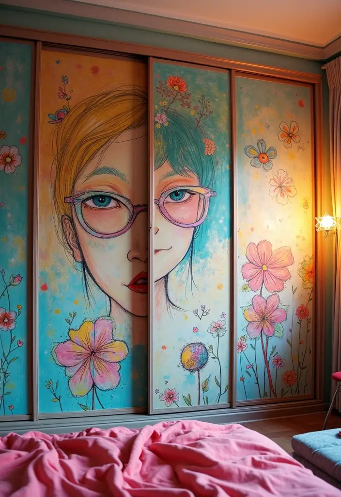 25 Bedroom Closet Door Ideas That Combine Function and Flair 9. Artistic Sliding Doors for Unique Decor