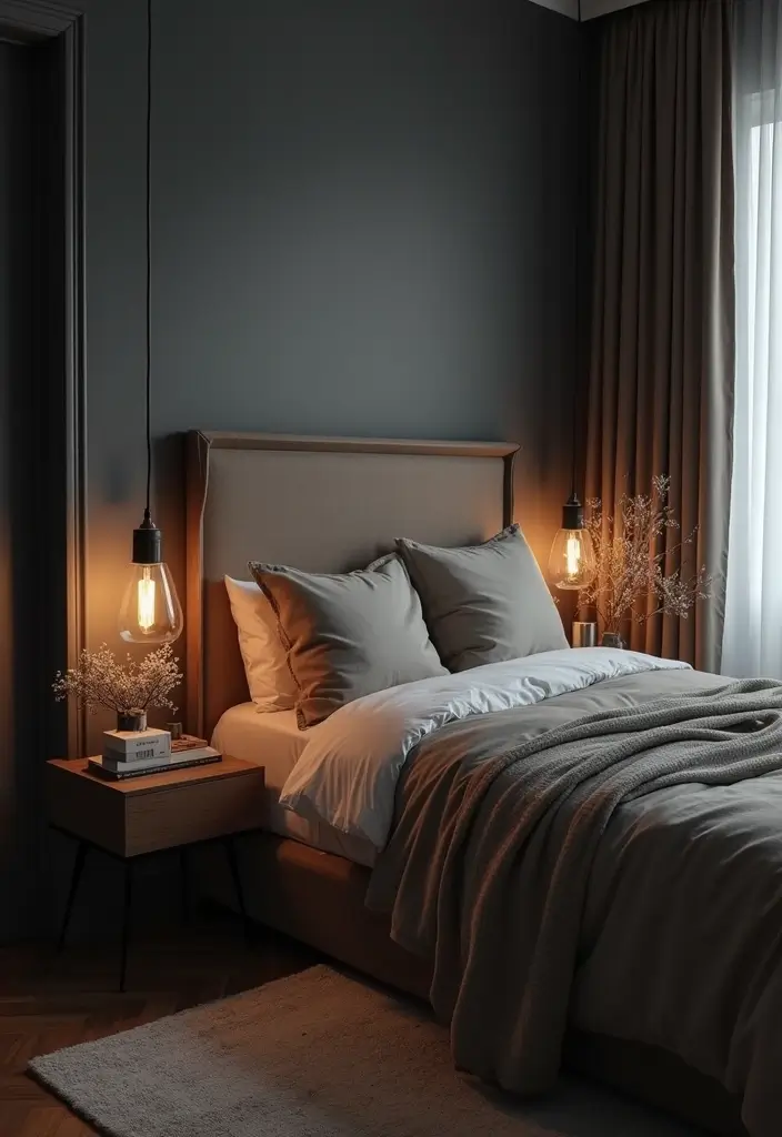 30 Dark Gray Bedroom Ideas That Look Sophisticated Sleek 16. Cozy Bedside Setup