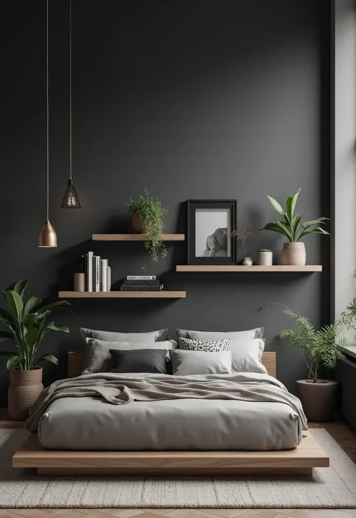 30 Dark Gray Bedroom Ideas That Look Sophisticated Sleek 18. Floating Shelves