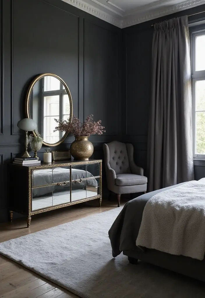 30 Dark Gray Bedroom Ideas That Look Sophisticated Sleek 20. Mirrored Furniture