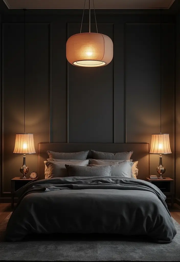 30 Dark Gray Bedroom Ideas That Look Sophisticated Sleek 4. Statement Lighting