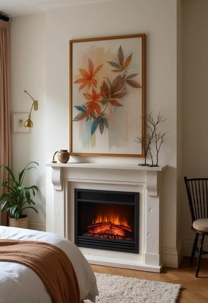 30 Electric Fireplace Ideas Bedroom That Add Warmth and Luxury 12. Electric Fireplace and Art Combo