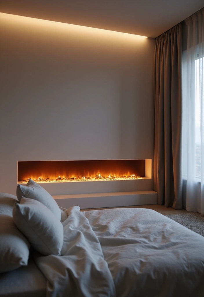 30 Electric Fireplace Ideas Bedroom That Add Warmth and Luxury 16. Minimalist Electric Fireplace with Ambient Lighting