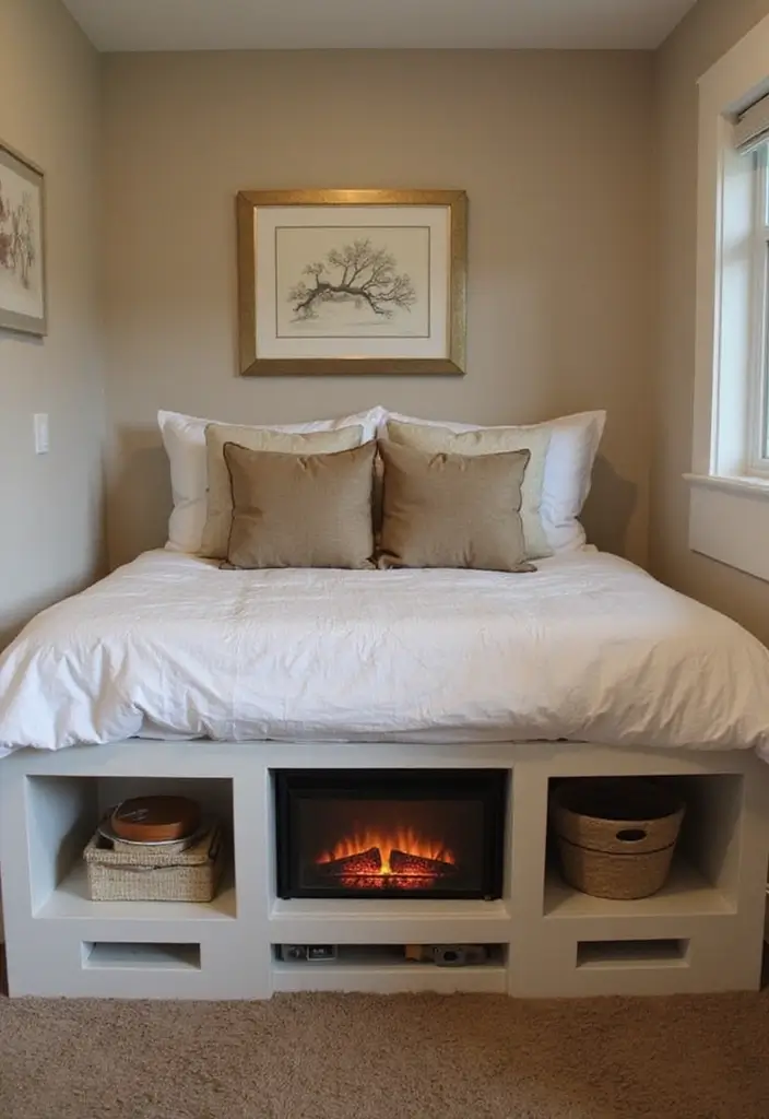 30 Electric Fireplace Ideas Bedroom That Add Warmth and Luxury 24. Electric Fireplace with Under Bed Storage