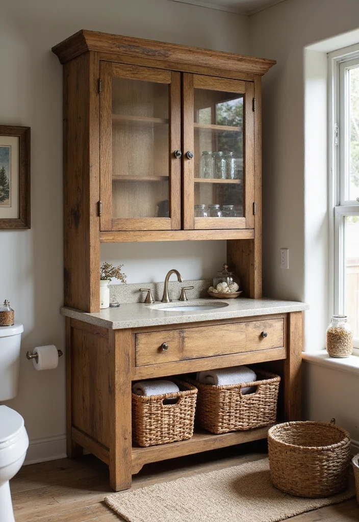 14 Bathroom Almirah Ideas For Neat Storage 12. Rustic Farmhouse Charm