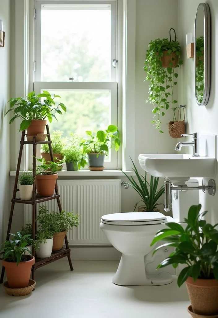 14 Bathroom Shelf Ideas For Smart Storage 11. Tiered Plant Stands for Greenery