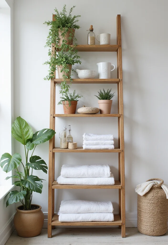 14 Bathroom Shelf Ideas For Smart Storage 5. Ladder Shelves for a Unique Look