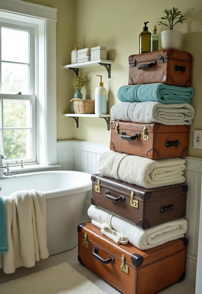 14 Bathroom Shelf Ideas For Smart Storage 7. Vintage Suitcases for Quirky Charm