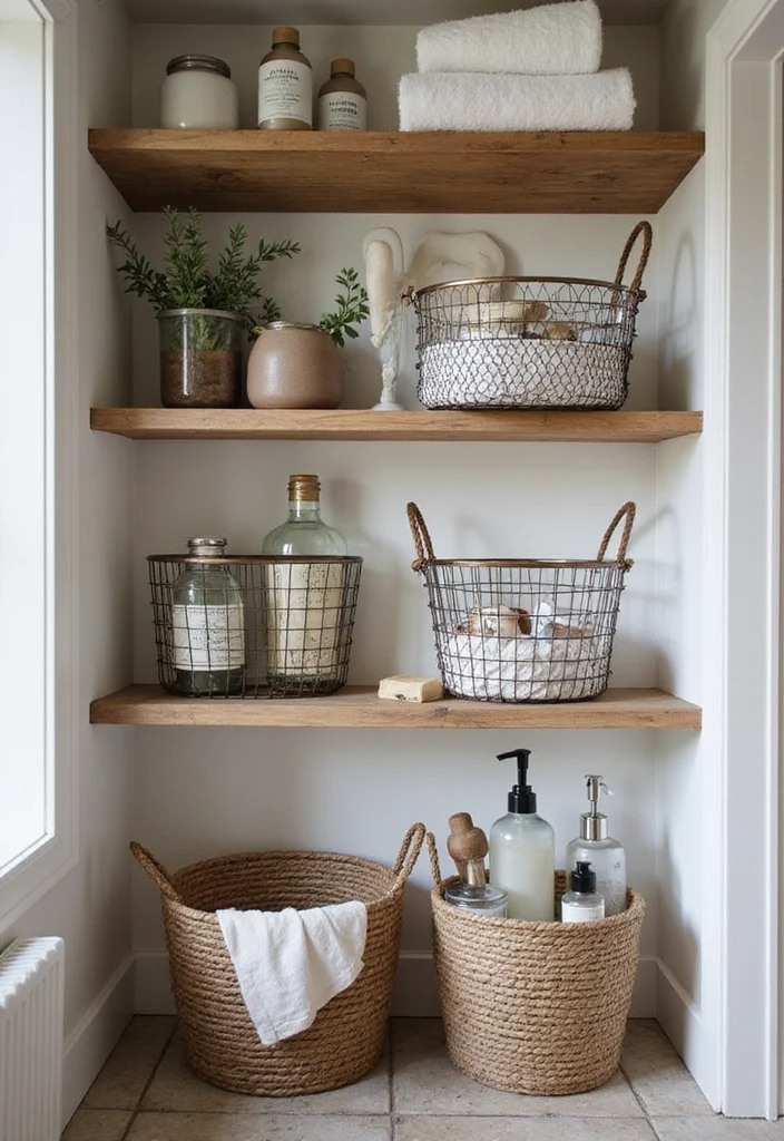 14 Bathroom Shelf Ideas For Smart Storage 9. Wire Baskets for Rustic Vibes