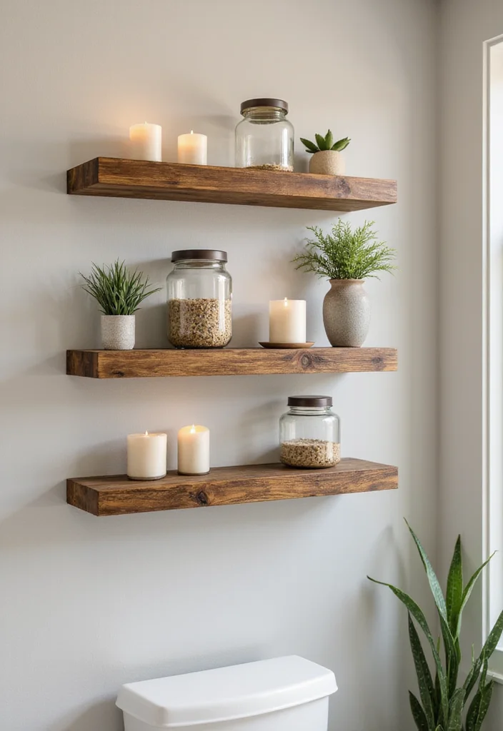 14 Bathroom Wood Ideas With Warm Texture 1. Reclaimed Wood Shelves