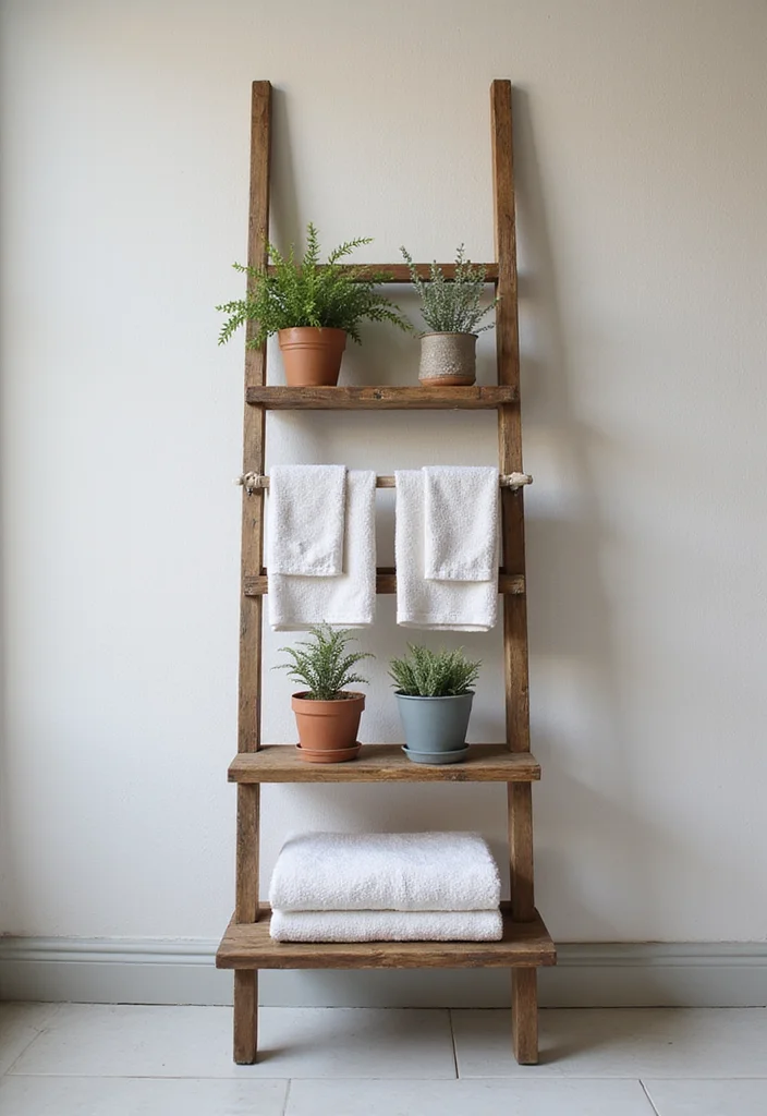 14 Bathroom Wood Ideas With Warm Texture 11. Wooden Ladder Storage