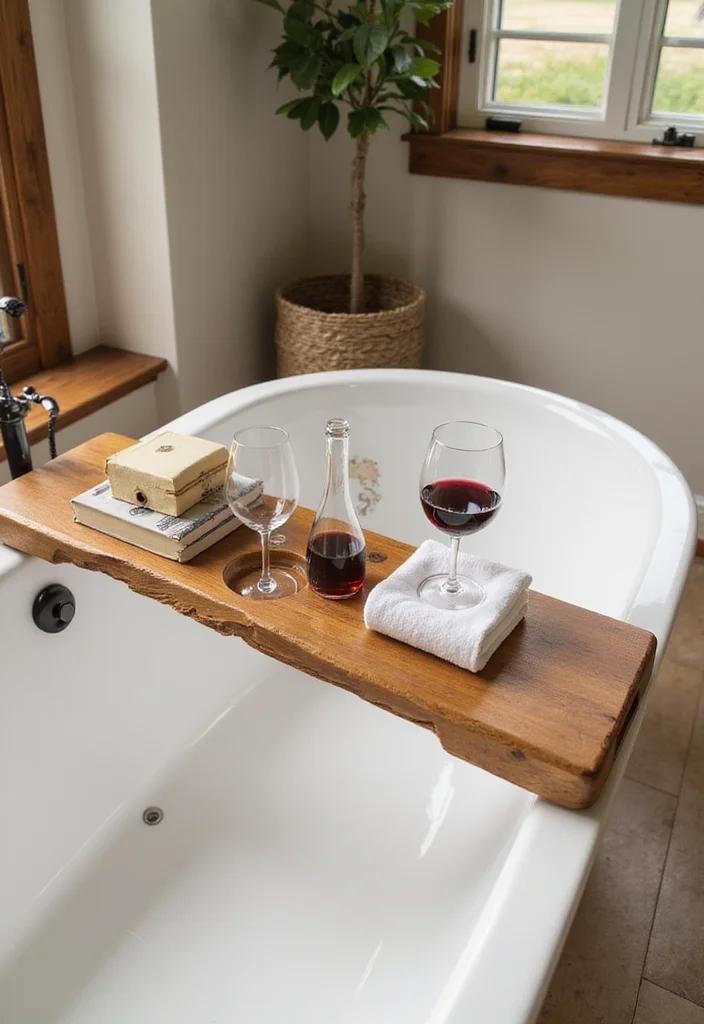 14 Bathroom Wood Ideas With Warm Texture 3. Wooden Bath Caddy