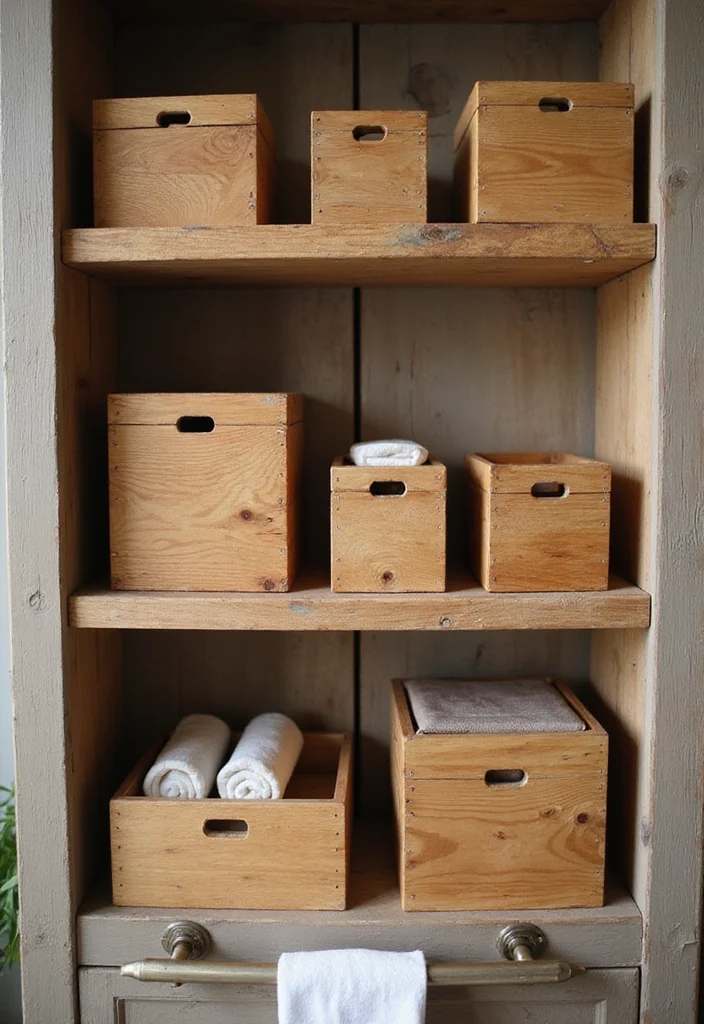 14 Bathroom Wood Ideas With Warm Texture 4. Wooden Storage Boxes