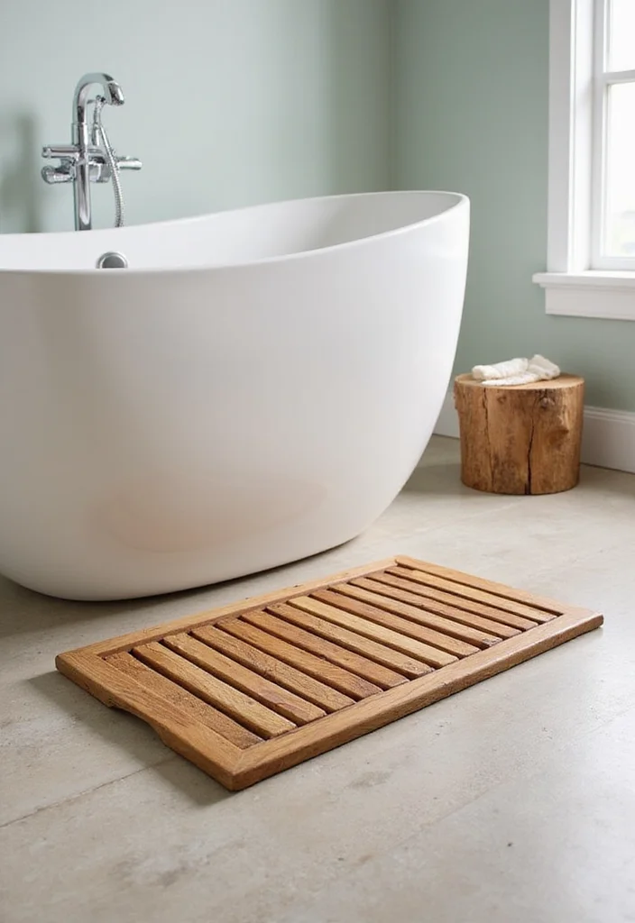 14 Bathroom Wood Ideas With Warm Texture 7. Wooden Bath Mat