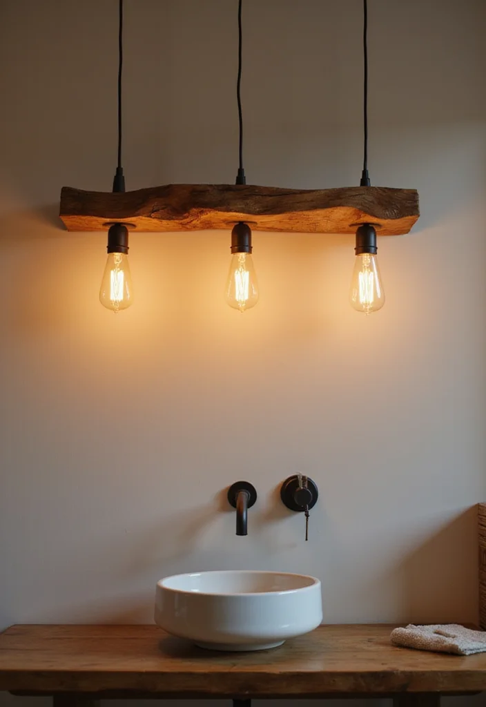 14 Bathroom Wood Ideas With Warm Texture 8. Wooden Lighting Fixtures