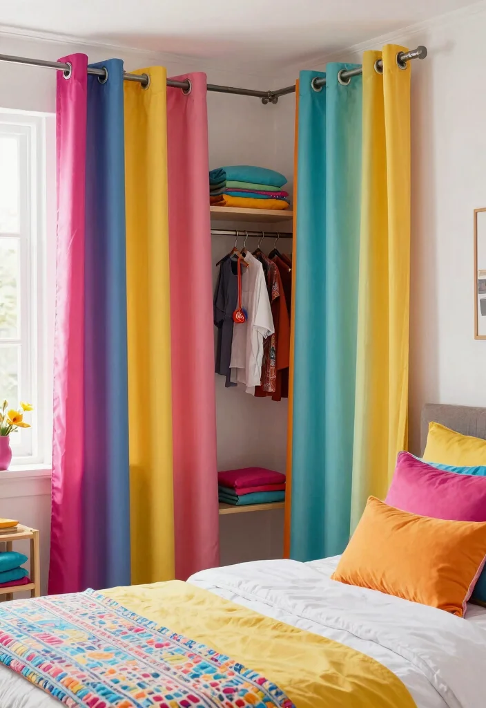 14 Bedroom Closet Curtain Ideas For Soft Affordable Style 9. Colorful Statement