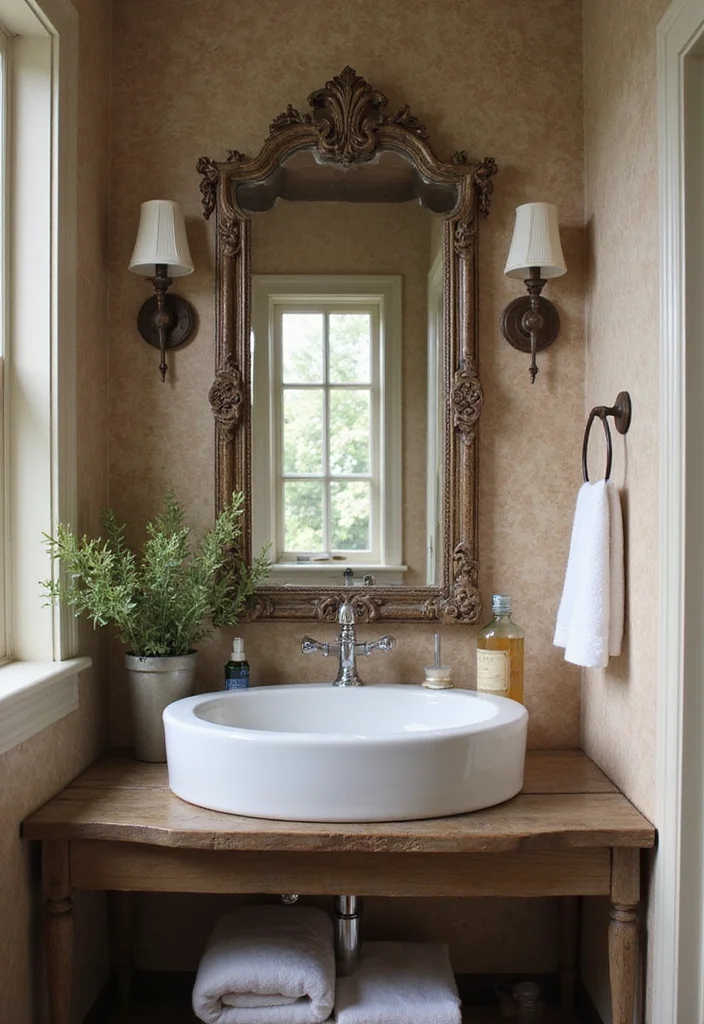 14 Brown Bathroom Ideas With Cozy Charm 12. Vintage Mirrors