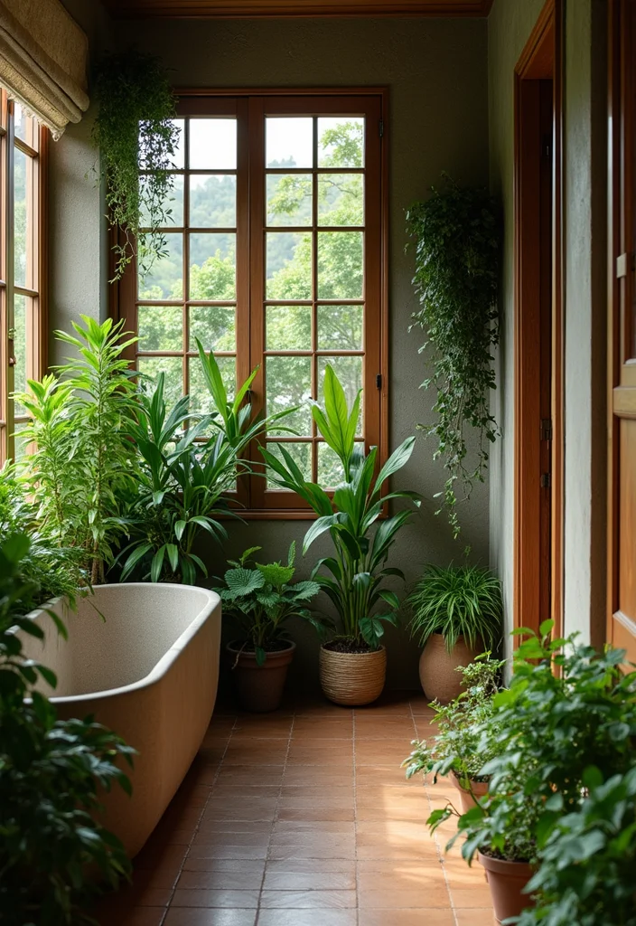 14 Brown Bathroom Ideas With Cozy Charm 6. Earthy Green Plants