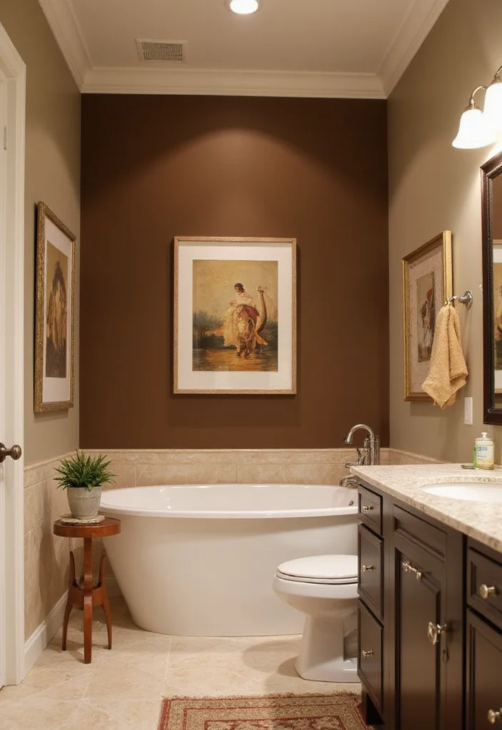 14 Brown Bathroom Ideas With Cozy Charm 7. Brown Accent Walls
