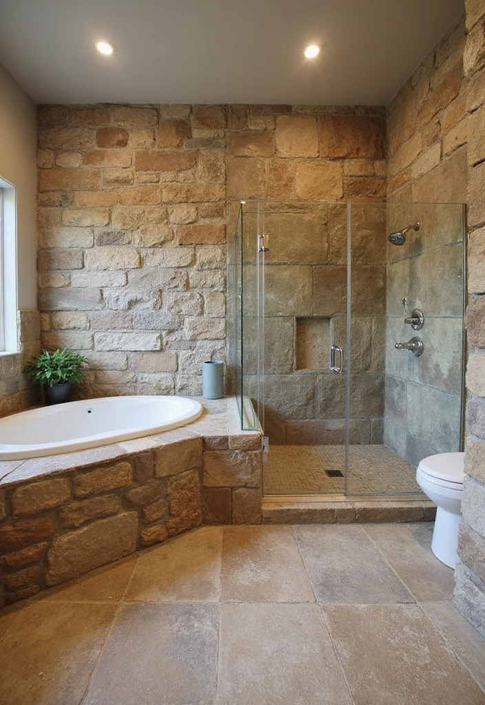 14 Brown Bathroom Ideas With Cozy Charm 8. Natural Stone Elements