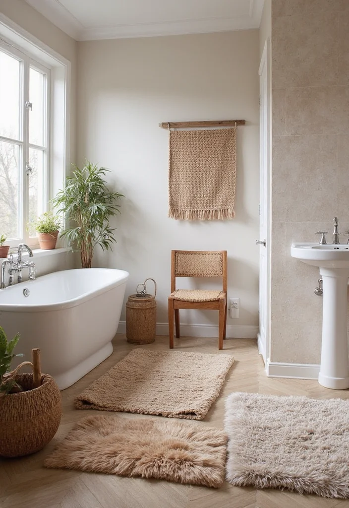 14 Brown Bathroom Ideas With Cozy Charm 9. Cozy Rugs