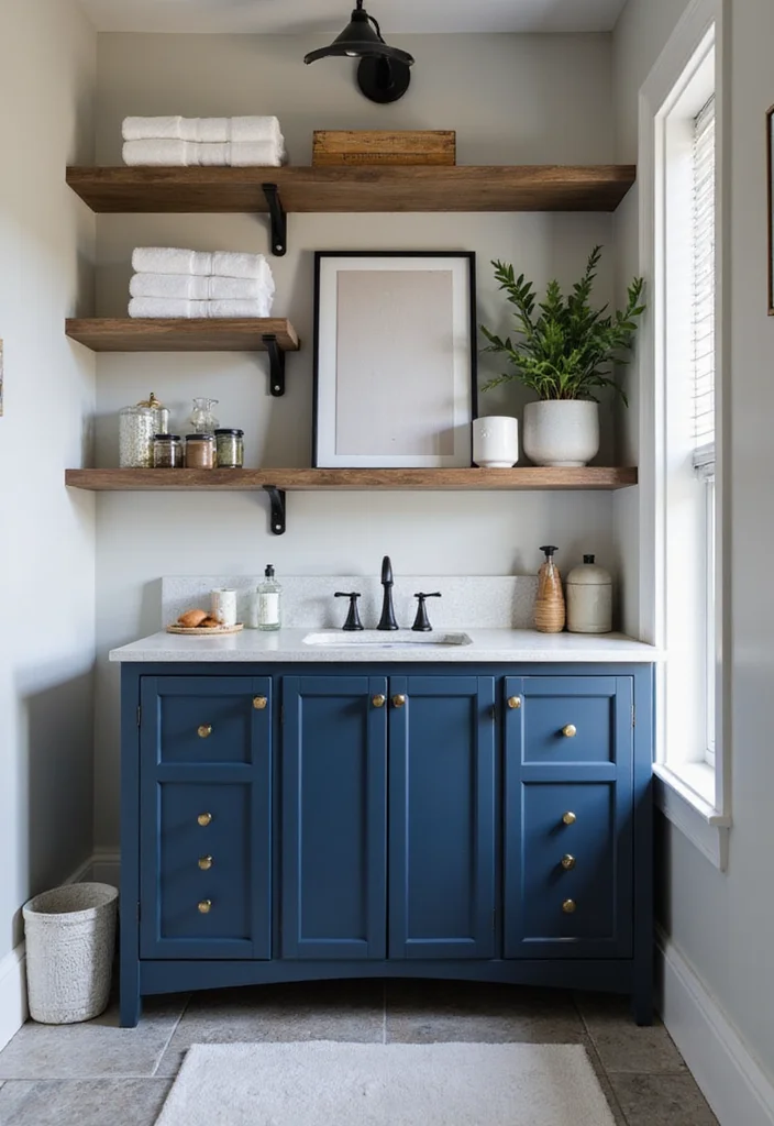 14 Dark Blue Vanity Bathroom Ideas That Stand Out 10. Open Shelving