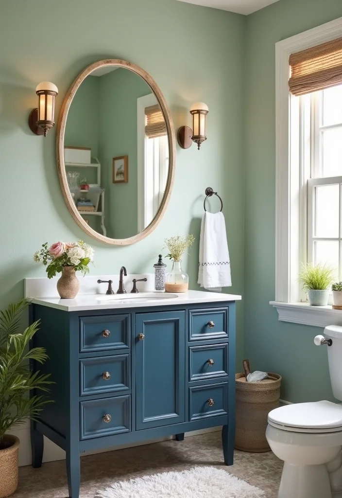 14 Dark Blue Vanity Bathroom Ideas That Stand Out 12. Vintage Beach House