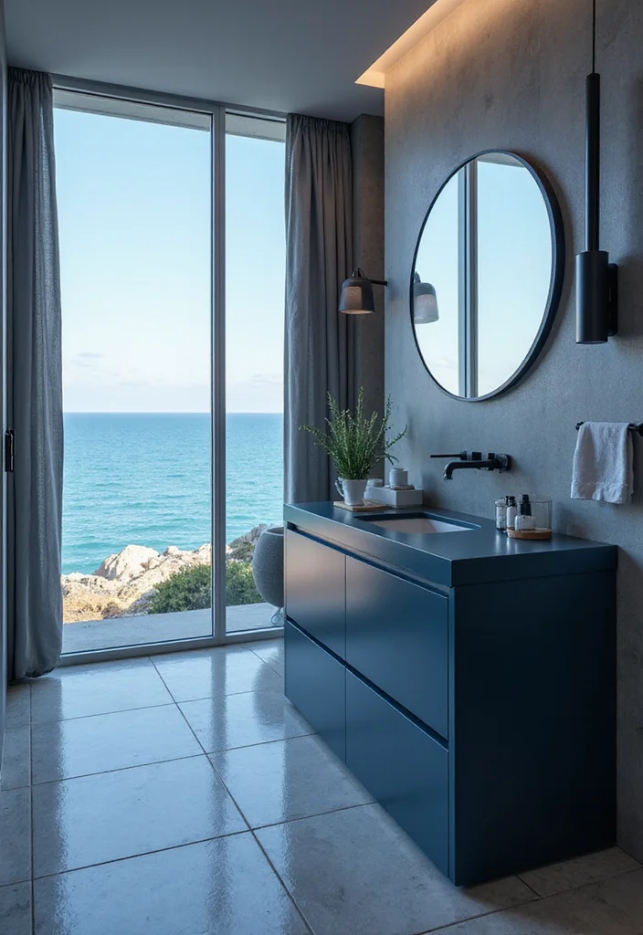 14 Dark Blue Vanity Bathroom Ideas That Stand Out 13. Futuristic Coastal