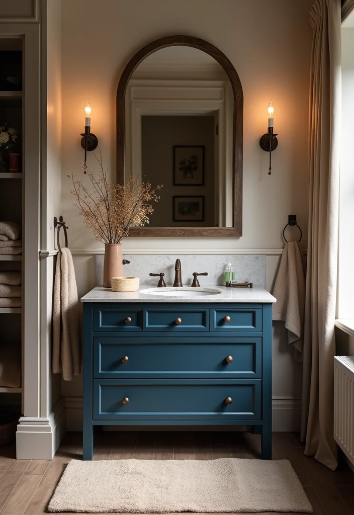 14 Dark Blue Vanity Bathroom Ideas That Stand Out 14. Layered Textiles