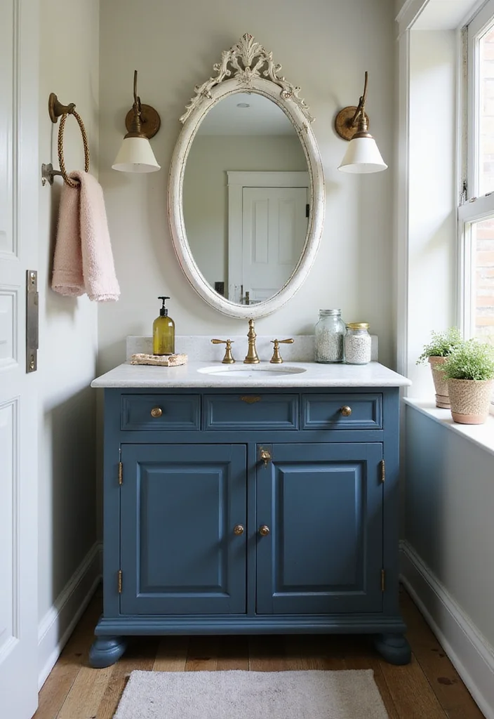 14 Dark Blue Vanity Bathroom Ideas That Stand Out 3. Vintage Charm