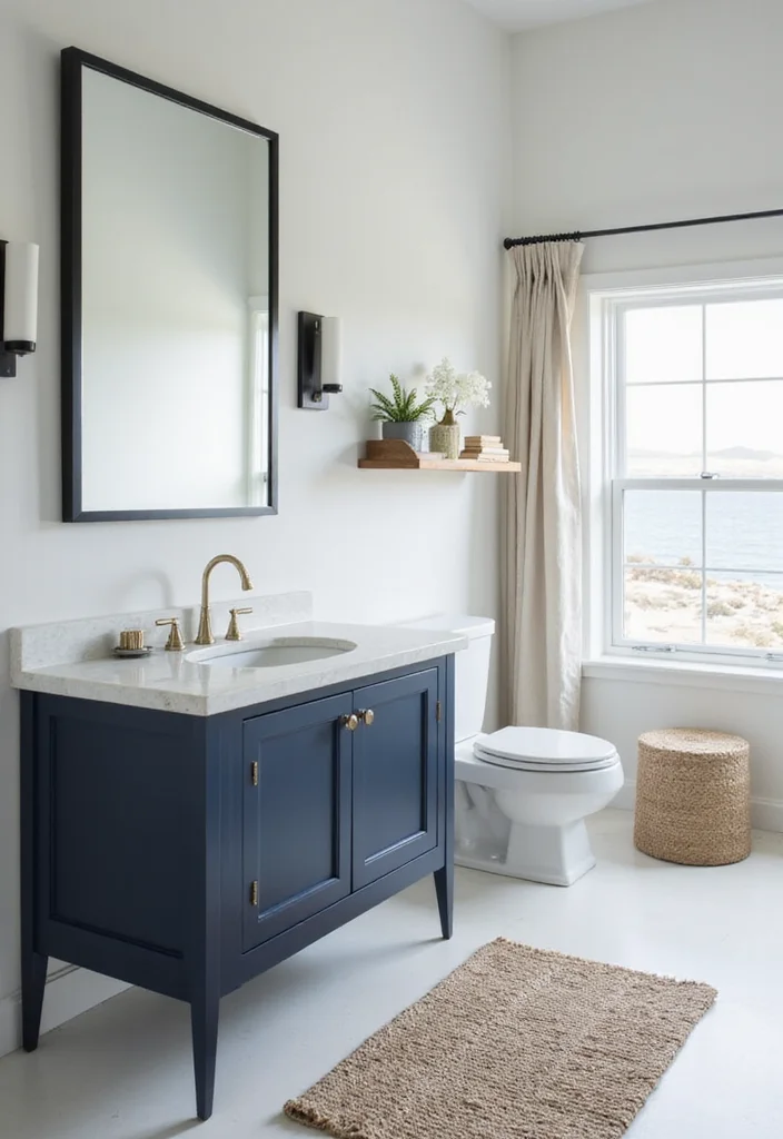 14 Dark Blue Vanity Bathroom Ideas That Stand Out 4. Minimalist Coastal Retreat