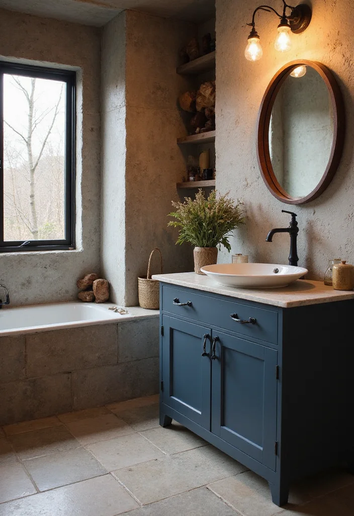 14 Dark Blue Vanity Bathroom Ideas That Stand Out 5. Textured Walls