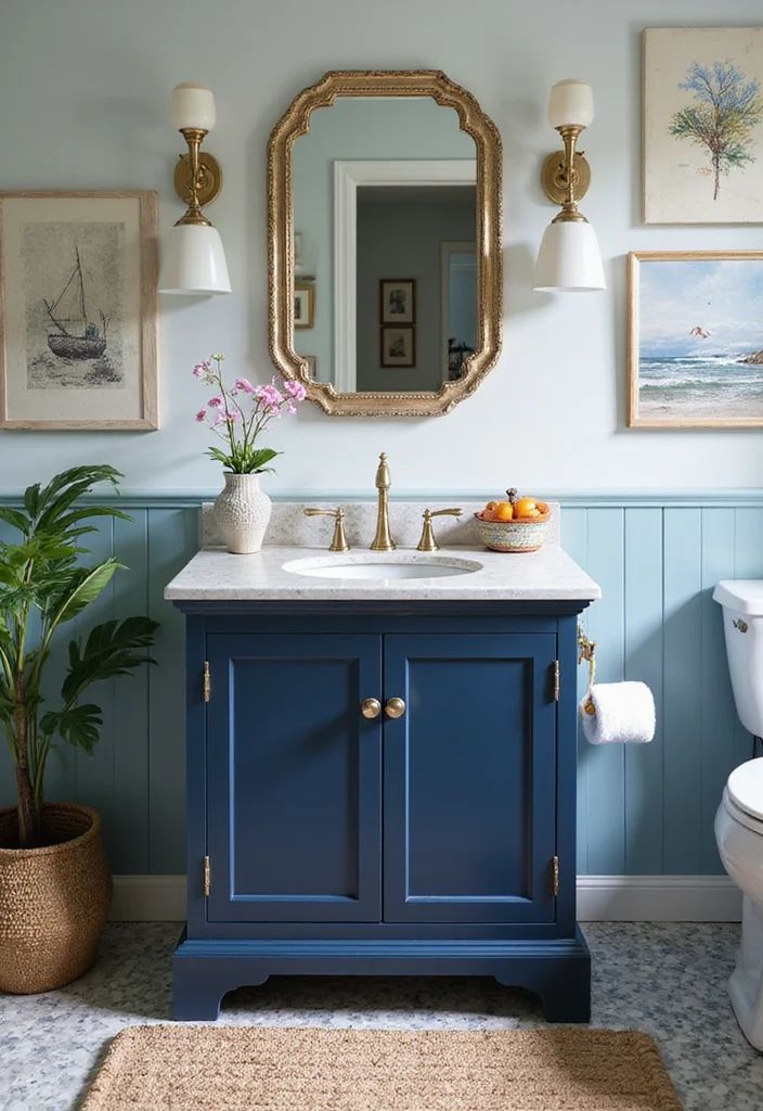 14 Dark Blue Vanity Bathroom Ideas That Stand Out 6. Artistic Touches