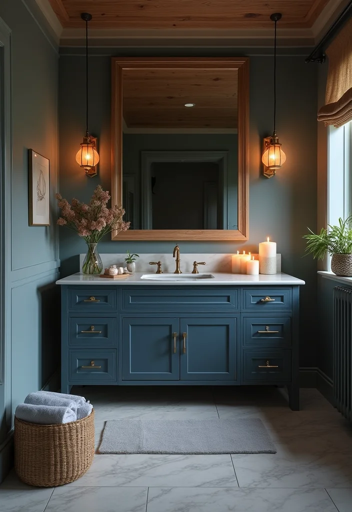 14 Dark Blue Vanity Bathroom Ideas That Stand Out 7. Spa inspired Serenity