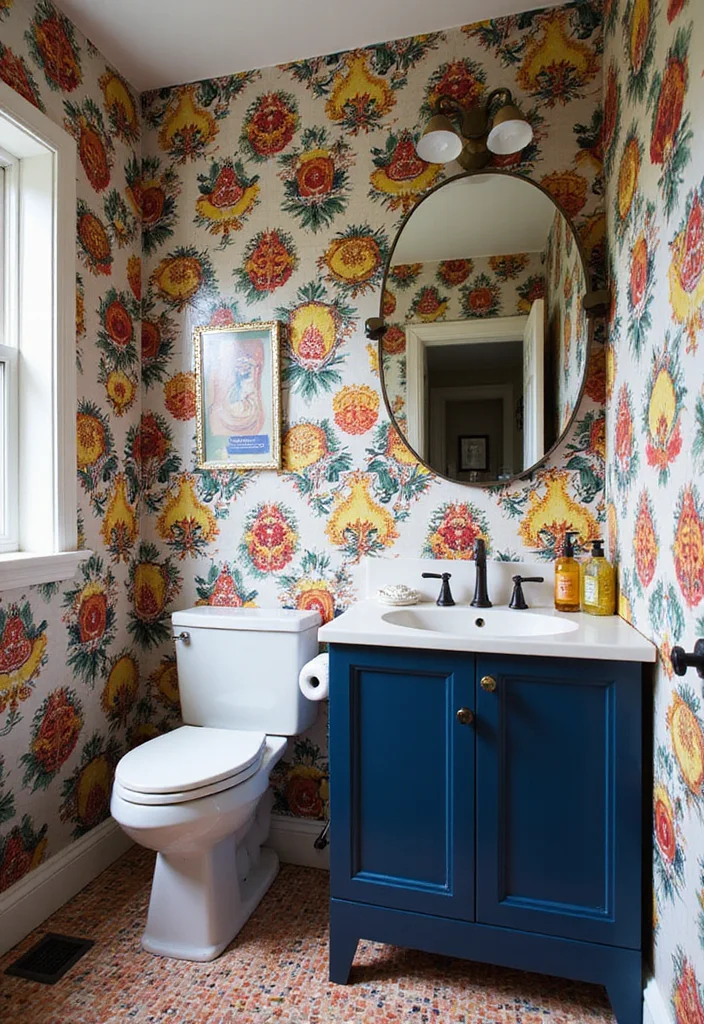 14 Dark Blue Vanity Bathroom Ideas That Stand Out 8. Bold Patterns
