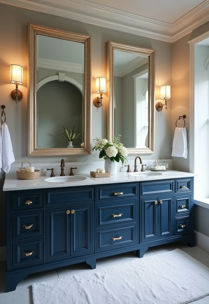 14 Dark Blue Vanity Bathroom Ideas That Stand Out 9. Coastal Luxe