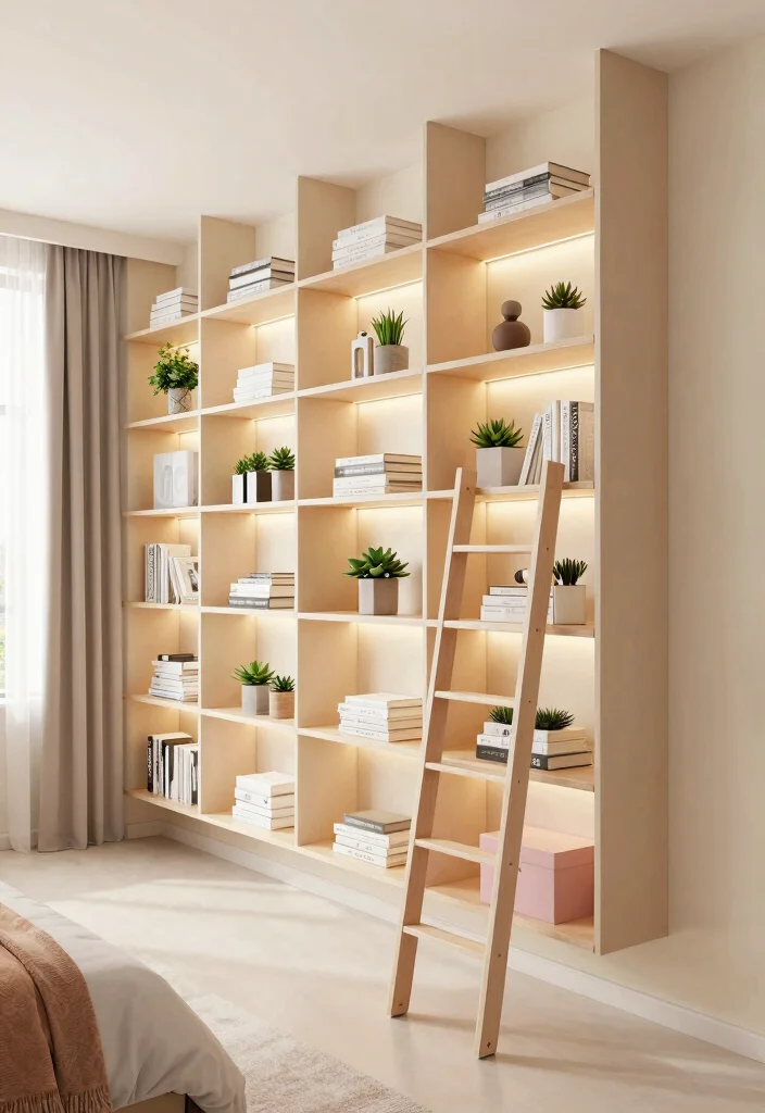 14 Long Narrow Bedroom Decor Ideas With Balanced Style 1. Utilize Vertical Space with Shelving