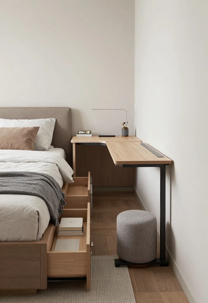 14 Long Narrow Bedroom Decor Ideas With Balanced Style 4. Incorporate Multi Functional Furniture