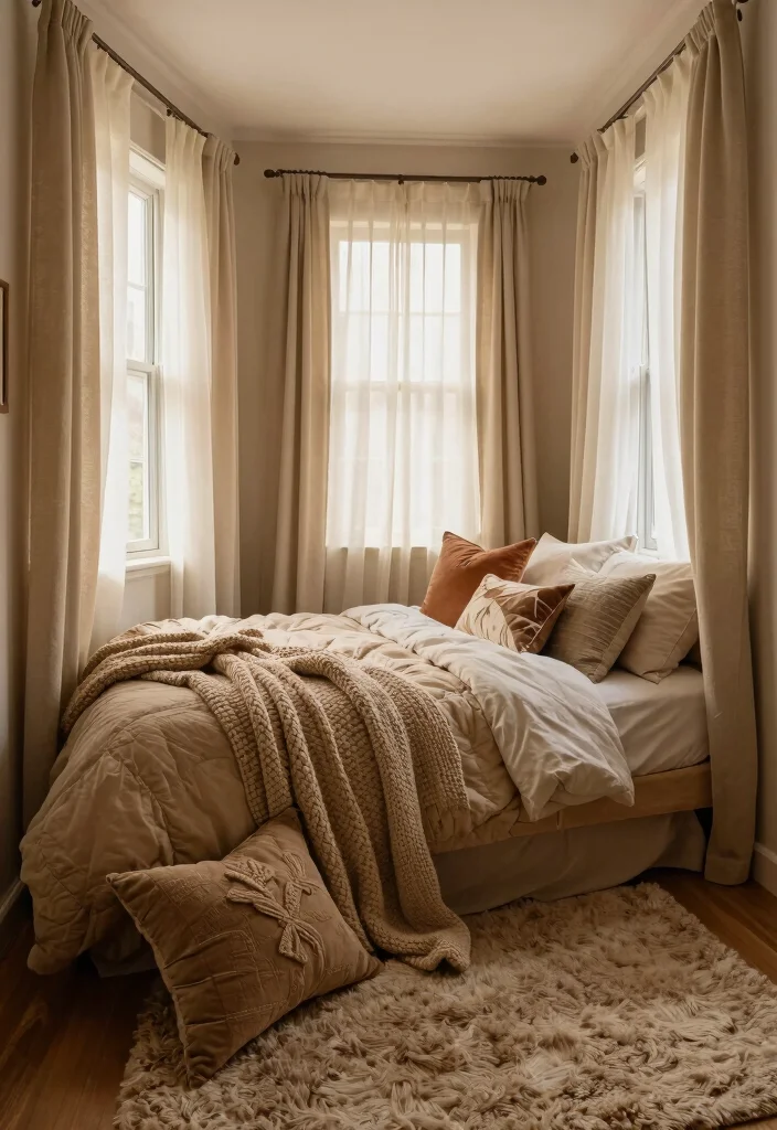 14 Long Narrow Bedroom Decor Ideas With Balanced Style 6. Layer Textures for Coziness