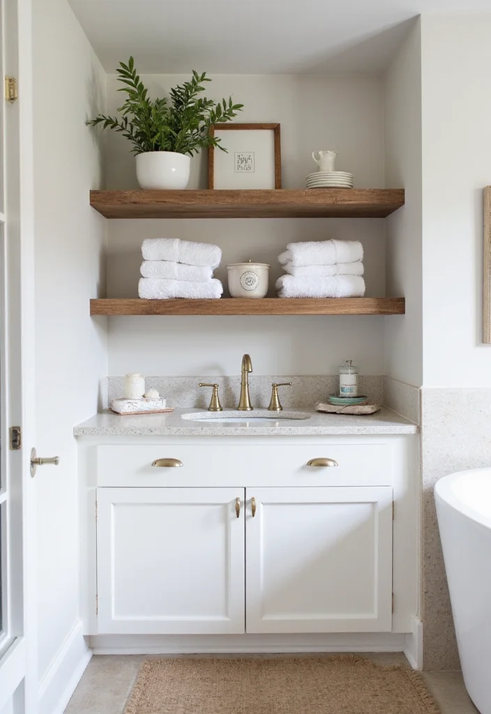 14 Modern Farmhouse Bathroom Vanity Ideas 10. Open Shelving