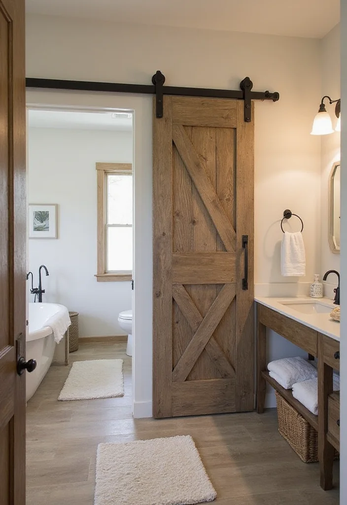 14 Modern Farmhouse Bathroom Vanity Ideas 11. Barn Door Accents