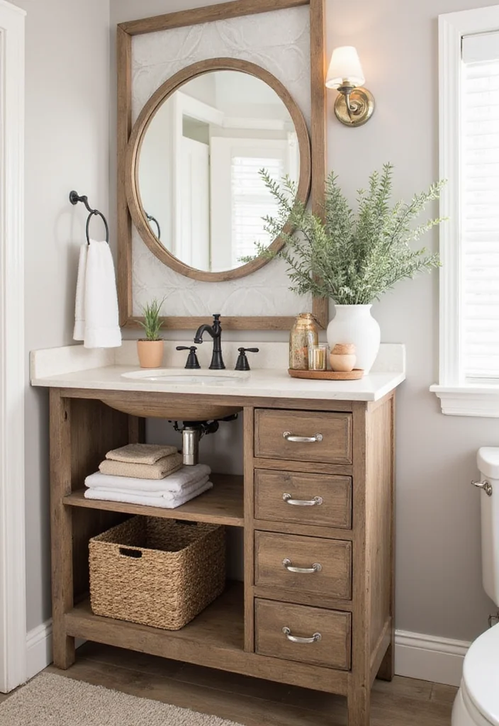 14 Modern Farmhouse Bathroom Vanity Ideas 13. Stylish Storage Solutions