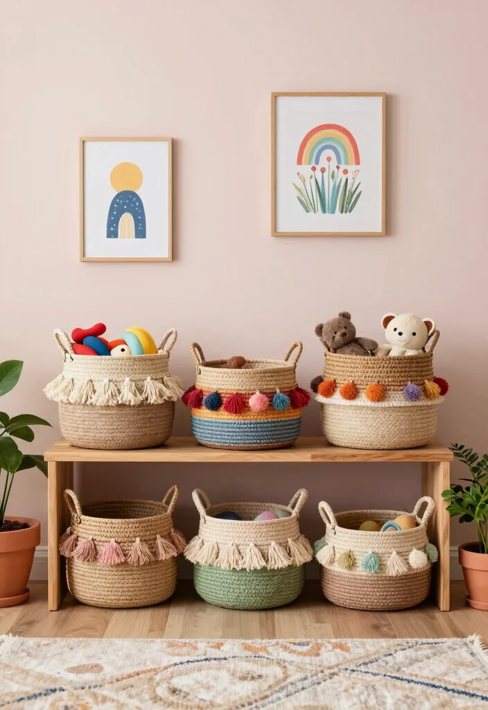 14 Toddler Girl Boho Bedroom Ideas With Free Spirit Style 1. Playful Baskets for Easy Storage