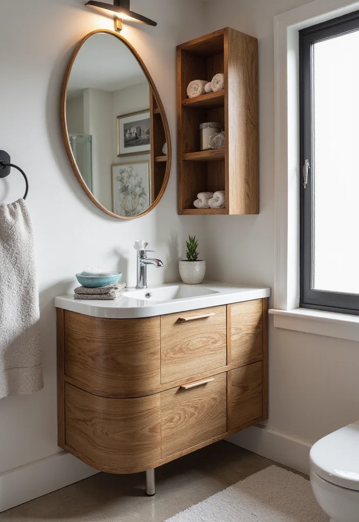 14 Wood Vanity Bathroom Ideas With Warm Texture 10. Corner Wood Vanity